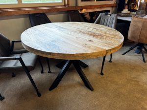 Eettafel mangohout rond dik blad metalen spider onderstel - diverse afmetingen